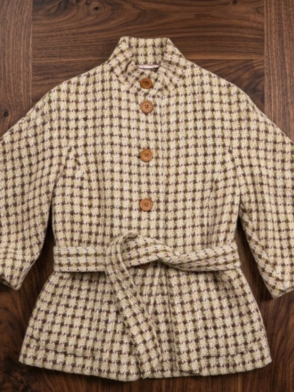 Banana Republic Cream and Brown Houndstooth Belted Peacoat
